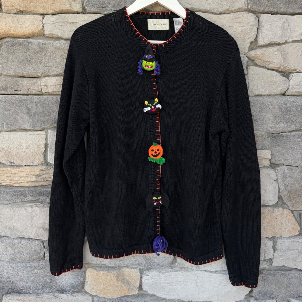 Lemon Grass Vintage Halloween Cardigan Black Knit Sweater Large Novelty Buttons